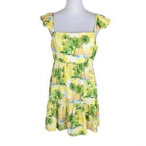 Flying Tomato NWT Yellow Tropical Palm Tree Babydoll Mini Beachy Vacation Dress